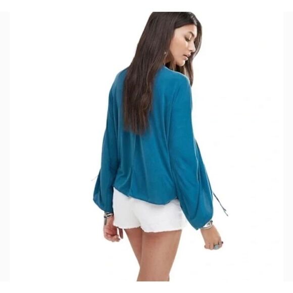 Free People Salt N Peppa Strappy Ruched Sleeve Modal Blend Jade Green Blue Top M - Picture 10 of 11